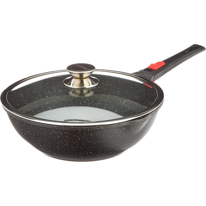 217331 - KAMBERG Wok 30cm, dorezë e lëvizshme, alumin i derdhur, veshje guri, kapak qelqi, i përshtatshëm për të gjitha sobat, pa PFOA, 0008057, i zi
