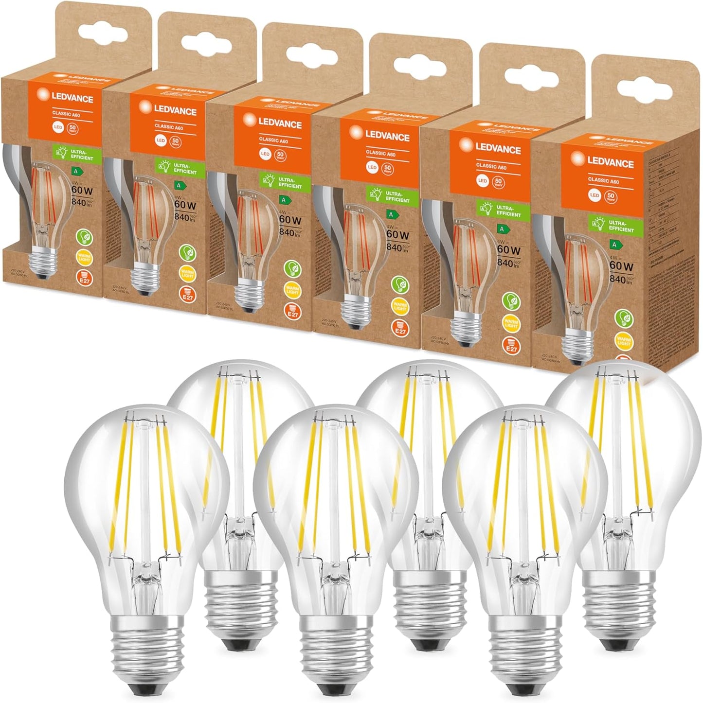 250251 - LEDVANCE Llambë LED për kursimin e energjisë, llambë filamenti e bërë nga qelqi me bazë E27, e bardhë e ngrohtë (3000K), 4 vat, zëvendëson llambat konvencionale 60W, veçanërisht me efikasitet të lartë energjie dhe kursim energjie