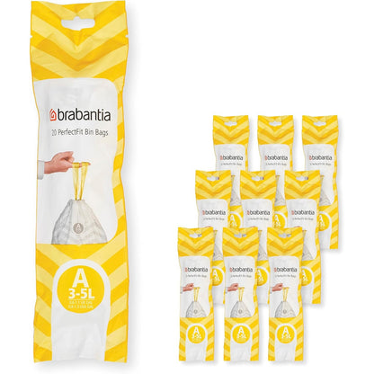 178103 - BRABANTIA PerfectFit Qese për Mbeturina, Kodi A, Kapaciteti 3L, Pako me 10 Copë, Qese për Përdorim të Rëndë me Mbyllje me Kordon, 200 Qese
