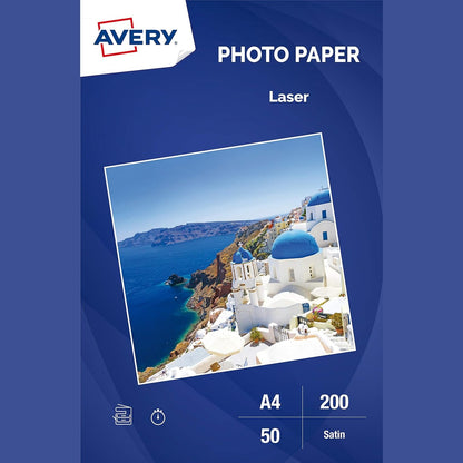 296290 - AVERY Letër A4 200gsm me shkëlqim - 50 fletë - Letër fotografike A4 me shkëlqim - Laser, tharje e menjëhershme, e çertifikuar FSC