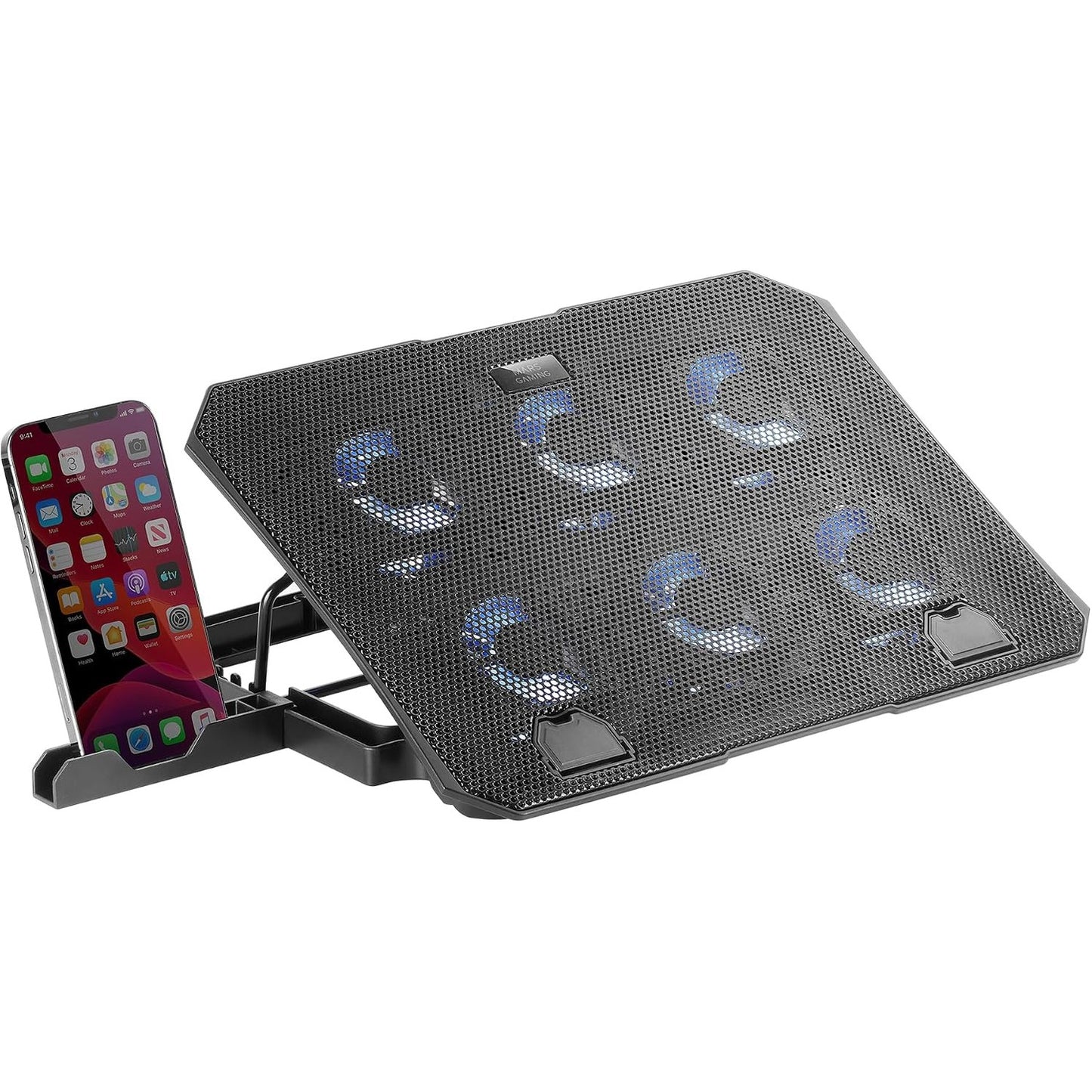 266657 - Mars Gaming MNBC23, bazë ftohëse 16", 6 ventilatorë me LED blu, mbështetëse me 6 pozita, mbështetje për smartphone, 2 porta USB 2.0, e zezë