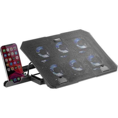 266657 - Mars Gaming MNBC23, bazë ftohëse 16", 6 ventilatorë me LED blu, mbështetëse me 6 pozita, mbështetje për smartphone, 2 porta USB 2.0, e zezë