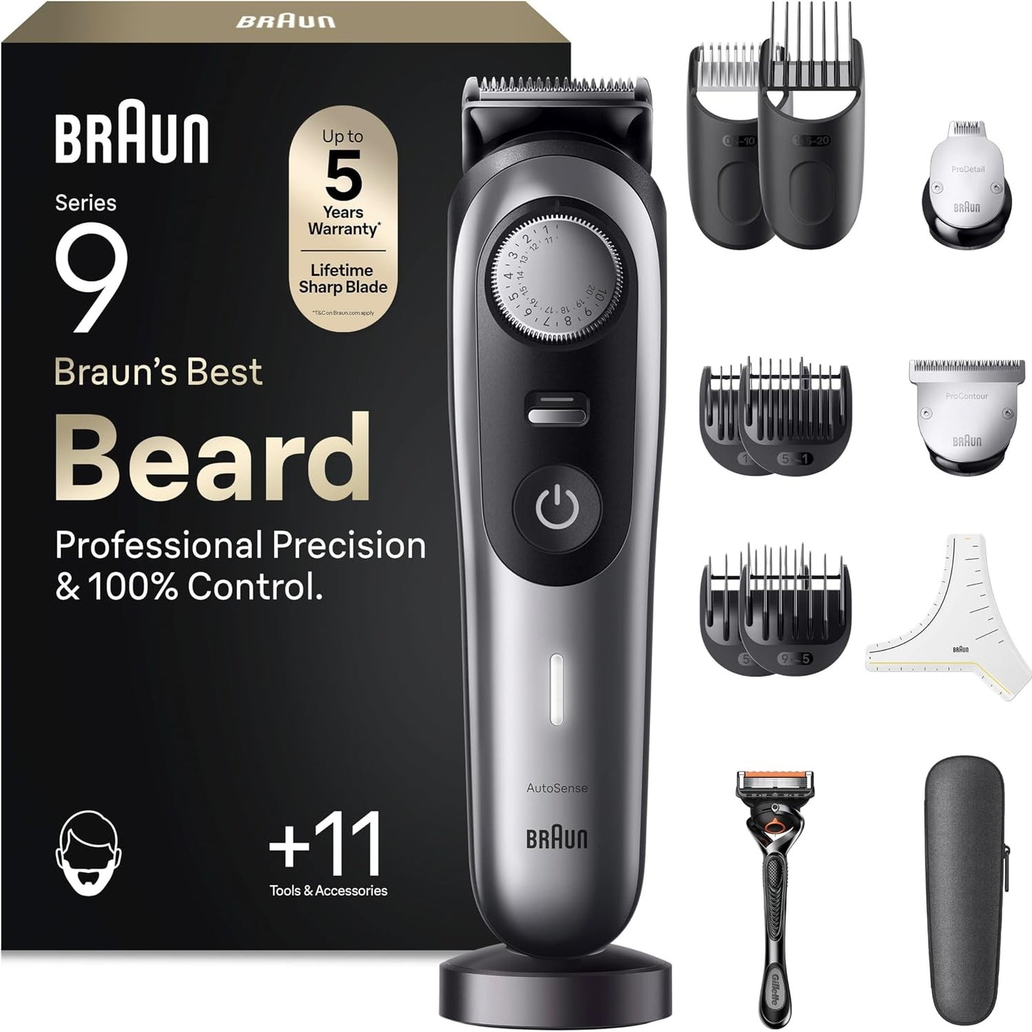 292190 - Braun Series 9 Makinë rroje elektrike, teh mjekre Problade, 40 cilësime gjatësie, bazë karikimi, BT9440 gri