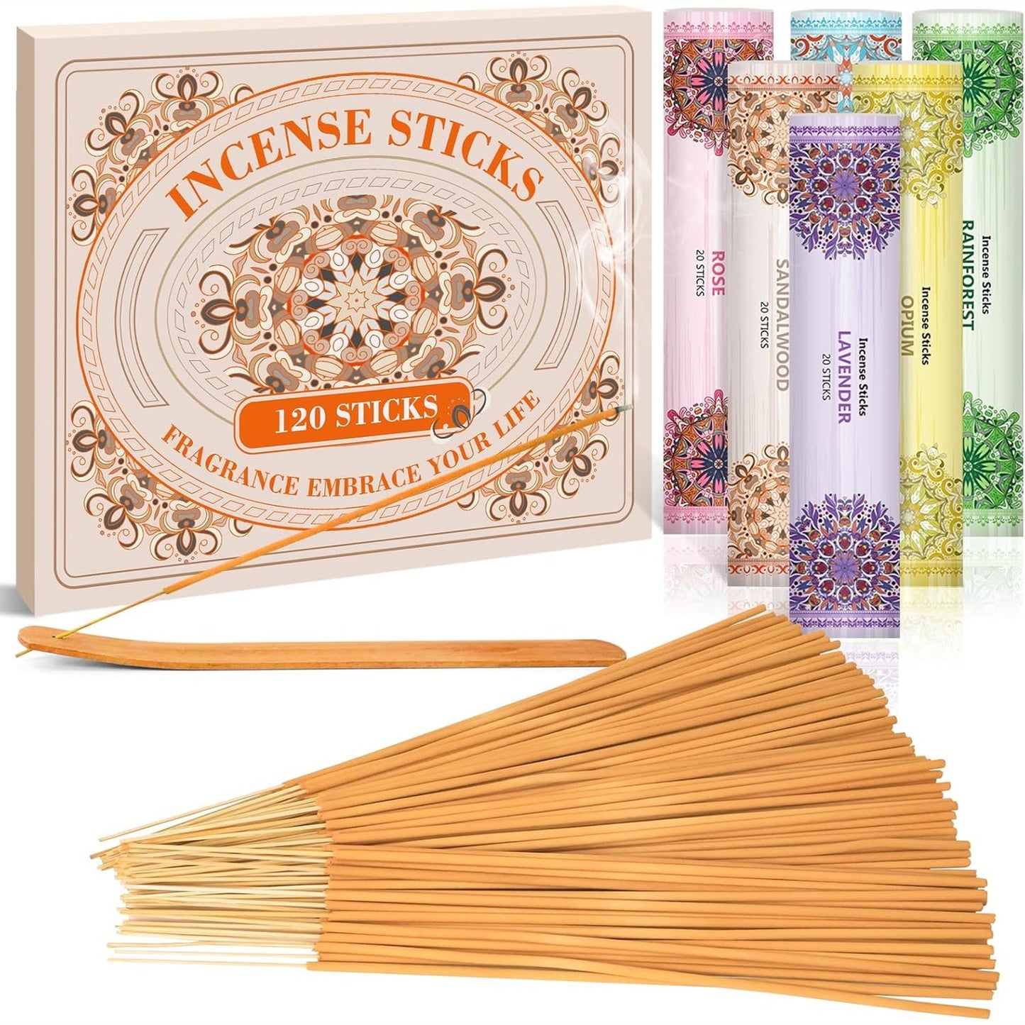 198854 - SCENTORINI - Temjan me Përzierje aromash (Livando, Trëndafil, Dru Sandali, Pyll Tropikal, Musk Qelibar) dhe Mbajtëse Shkopinjsh Temjani