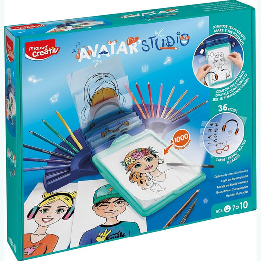208810 - MAPED - Seti i Artizanatit për Fëmijë, 'Studio Avatar', me Libër Ngjyrosje, Makinë Vizatimi me Dritë dhe 36 Shabllone Prerjeje, Material: Letër Gjurmuese dhe Avatar Colorea