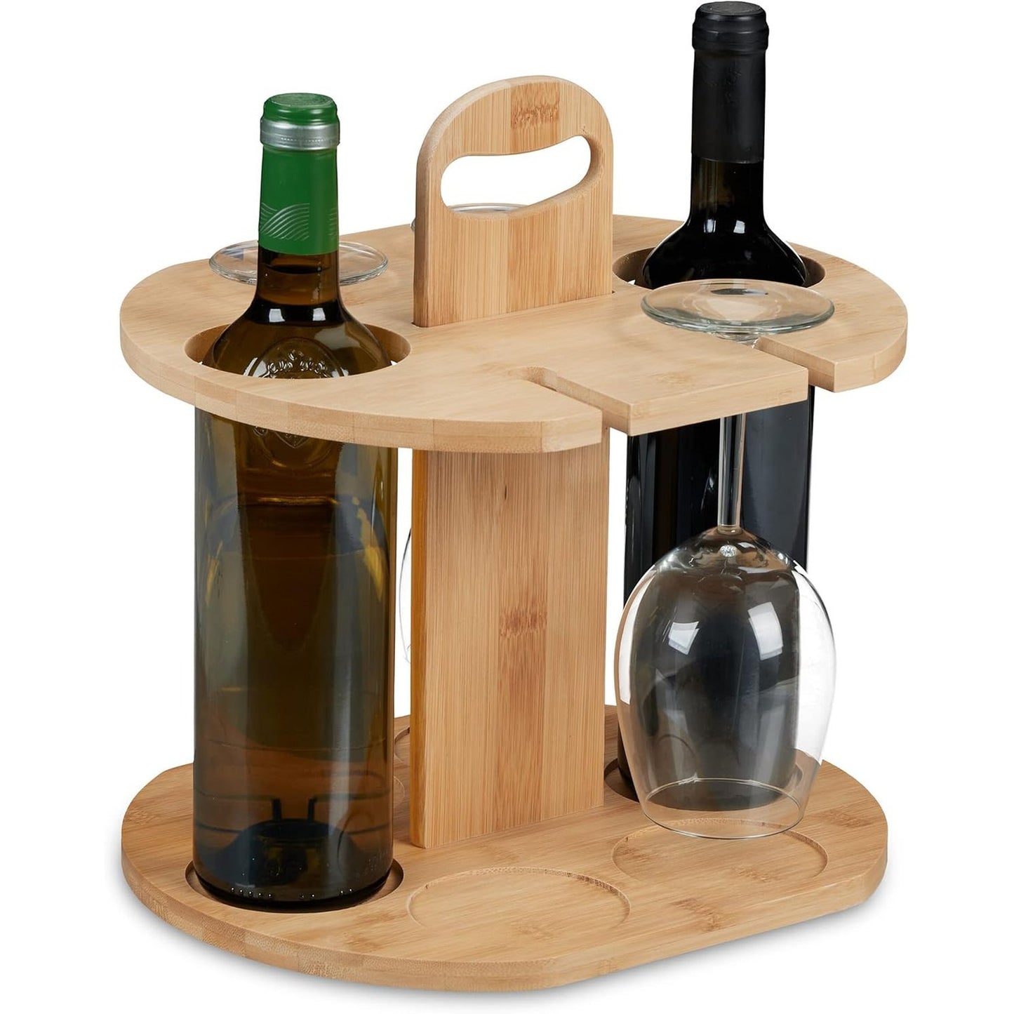 136097 - RELAXDAYS Mbajtëse Gotash Vere Prej Bambuje, me Raft Shishesh, Madhësi 30.5 x 30 x 25 cm, Kapacitet për 2 Shishe Vere dhe 4 Gota, Ngjyrë Natyrale