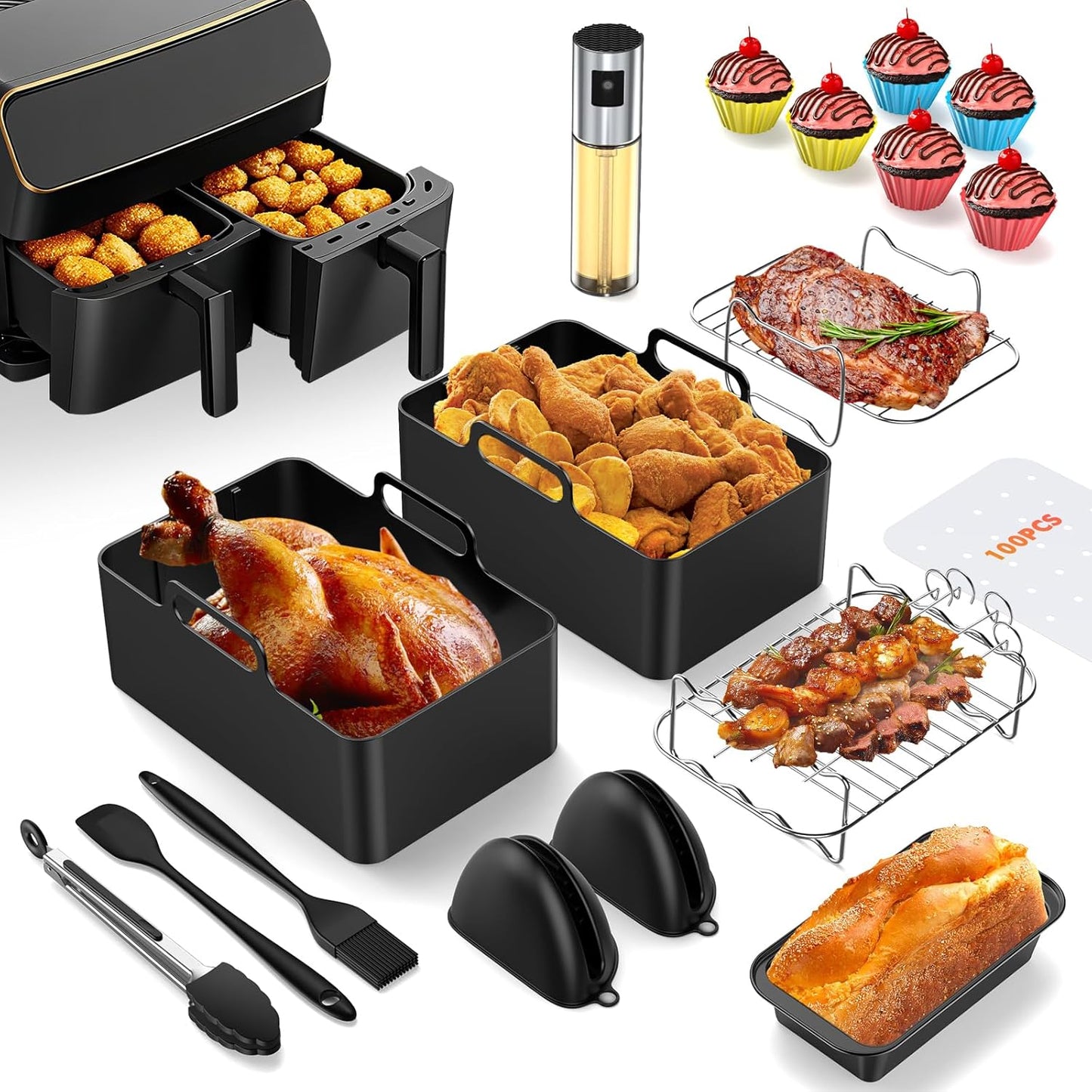 162741 - VERNATTI - Set Aksesori për Fritezë me Ajër, Shporta e Dyfishtë për Modelet Ninja AF300EU, AF400EU, Tower T17088, Forma Silikoni pa BPA, Kapacitet 7.6-9.5L për Shumëtenxhere