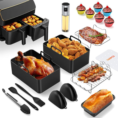 162741 - VERNATTI - Set Aksesori për Fritezë me Ajër, Shporta e Dyfishtë për Modelet Ninja AF300EU, AF400EU, Tower T17088, Forma Silikoni pa BPA, Kapacitet 7.6-9.5L për Shumëtenxhere