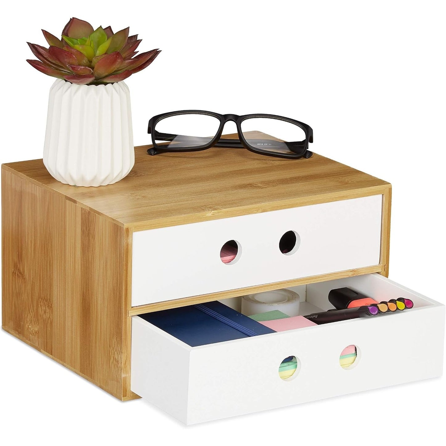 288843 - RELAXDAYS Organizues Tavoline me 2 Sirtarë, Bambu dhe MDF, Kuti Ruajtjeje, 14 x 25 x 20 cm, E Bardhë