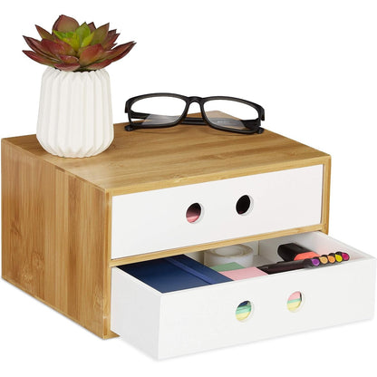288843 - RELAXDAYS Organizues Tavoline me 2 Sirtarë, Bambu dhe MDF, Kuti Ruajtjeje, 14 x 25 x 20 cm, E Bardhë