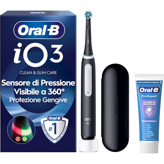 271074 - ORAL-B Furçë dhëmbësh elektrike iO 3, 1 kokë, e zezë, 1 kokë zëvendësuese, e rikarikueshme, 1 pastë dhëmbësh zbardhuese Pro-Expert