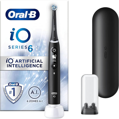 302702 - ORAL-B iO6 - Furça dhëmbësh elektrike për të rritur, 1 kokë furçe, 5 mënyra me zbardhje dhëmbësh, prizë me 2 kunja, lavë e zezë, kuti udhëtimi