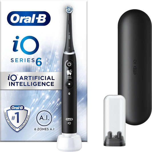 302702 - ORAL-B iO6 - Furça dhëmbësh elektrike për të rritur, 1 kokë furçe, 5 mënyra me zbardhje dhëmbësh, prizë me 2 kunja, lavë e zezë, kuti udhëtimi