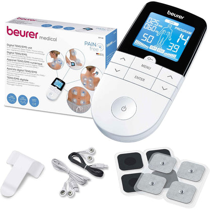 275014 - Beurer EM 49 Digital TENS/EMS, pajisje elektroterapie 3-në-1, për lehtësimin e dhimbjes, trajnim muskujsh, funksion masazhi, përfshin 4 elektroda, 100g