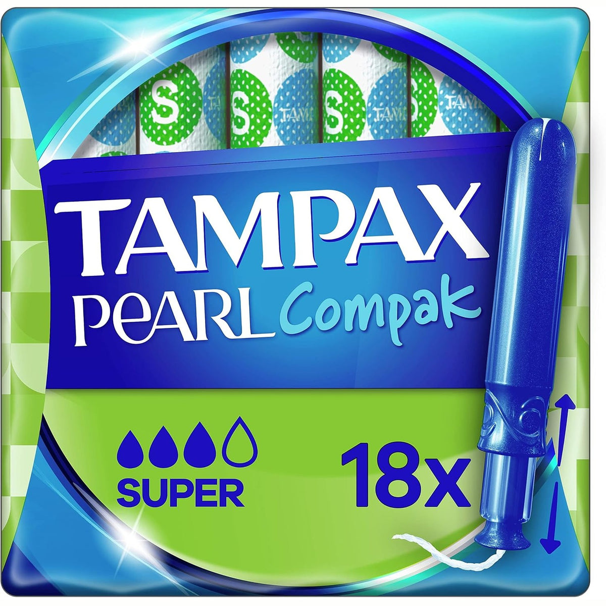 298887 - Tampax Compak Pearl, Super, 18 Tampona me Aplikator, Rrjedhje Mesatare deri në të Rëndë, Komfort i Trefishtë, e Certifikuar Oeko-Tex