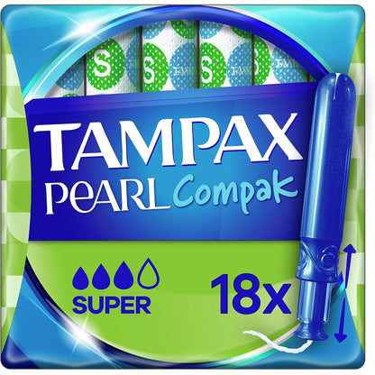 298887 - Tampax Compak Pearl, Super, 18 Tampona me Aplikator, Rrjedhje Mesatare deri në të Rëndë, Komfort i Trefishtë, e Certifikuar Oeko-Tex