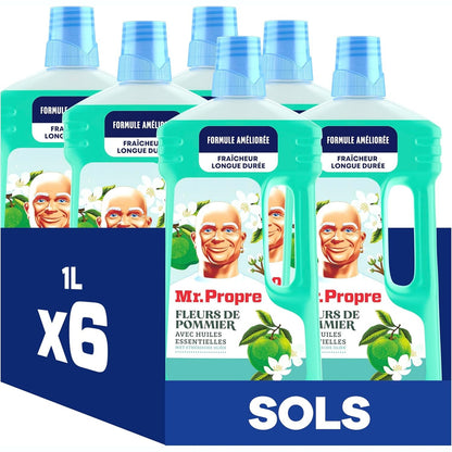 275508 - MR. CLEAN Pastrues dyshemeje shumëfunksional - Madhësi e madhe (1L x 6), me aromë lulesh molle, largon deri në 99.9% të yndyrës dhe papastërtisë