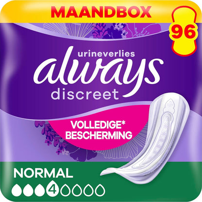293410 - ALWAYS: Peceta për Inkontinencë Discreet Normal, 96 peceta (4 x 24 copë), mbrojtje diskrete, thithje e lartë, neutralizim aromash