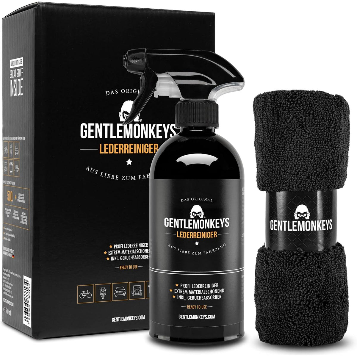 298348 - GENTLEMONKEYS Set Profesional Pastrues Lëkure (500ml + Leckë Mikrofibre) • Pastrim i thellë i poreve të të gjitha lëkurave të lëmuara me pigment • Jashtëzakonisht i butë ndaj materialeve • Biodegradues dhe i qëndrueshëm