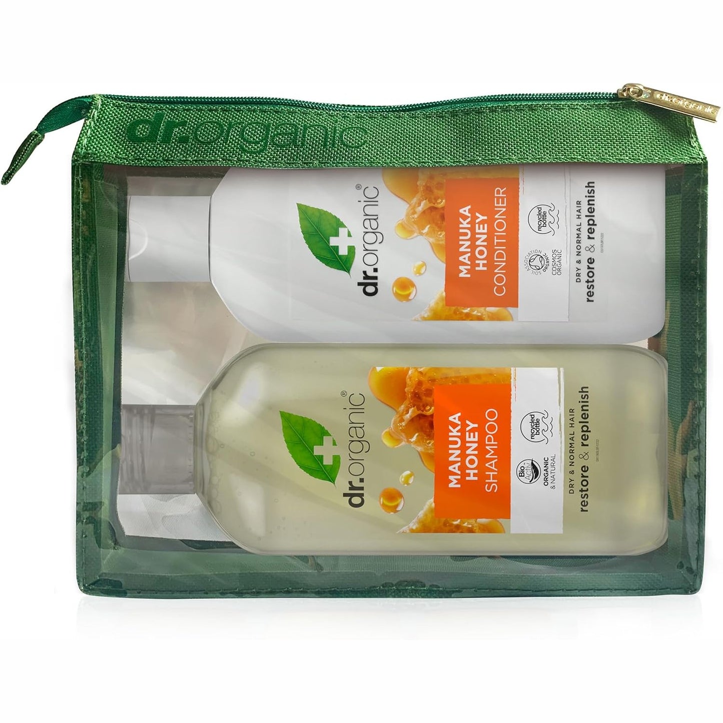 272218 - Set shampo dhe balsami Dr Organic Manuka me mjaltë, 265ml x2, me çantë udhëtimi