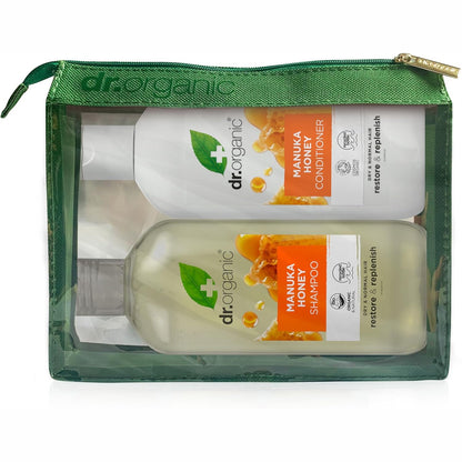 272218 - Set shampo dhe balsami Dr Organic Manuka me mjaltë, 265ml x2, me çantë udhëtimi