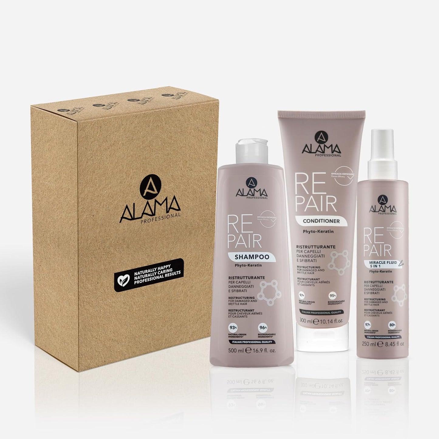 271758 - ALAMA Professional Kit Riparimi - Shampo 500ml, Balsamo 300ml, Mrekulli Lëng 5 në 1 250ml