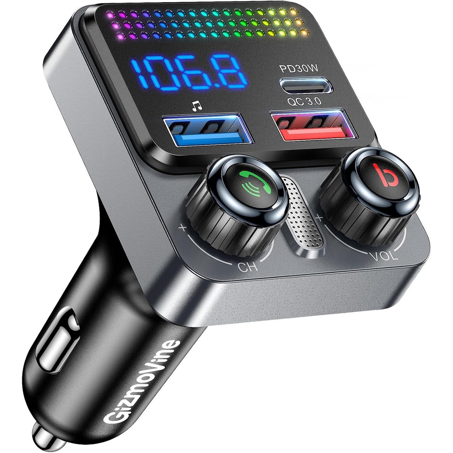 273936 - GIZMOVINE Transmetues FM Bluetooth 5.4 për makina, Karikues makine 48W [3 porta: PD 30W + QC3.0 18W], Bas i thellë, Thirrje pa duar, Asistent zanor, Muzikë pa tel, Memorje USB, Automjete 12V/24V