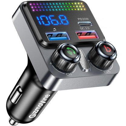 273936 - GIZMOVINE Transmetues FM Bluetooth 5.4 për makina, Karikues makine 48W [3 porta: PD 30W + QC3.0 18W], Bas i thellë, Thirrje pa duar, Asistent zanor, Muzikë pa tel, Memorje USB, Automjete 12V/24V
