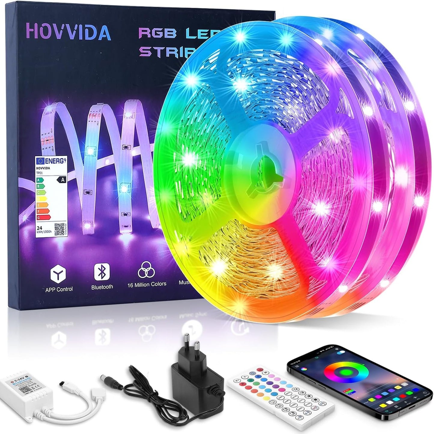 223735 - HOVVIDA Shirit LED 20M, 30 LED/metër, RGB, 600 LED, APP dhe telekomandë, modalitet muzike, modalitet kohe