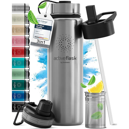 215553 - ACTIVE FLASK Shishe uji e izoluar prej çeliku inox 1L/500ml, pa BPA + kashtë (3 kapakë) | Shishe uji e izoluar prej çeliku inox, termos i ripërdorshëm | Kamping, çiklizëm, sport, vrapim, ecje në natyrë, fëmijë, kafene, çaj