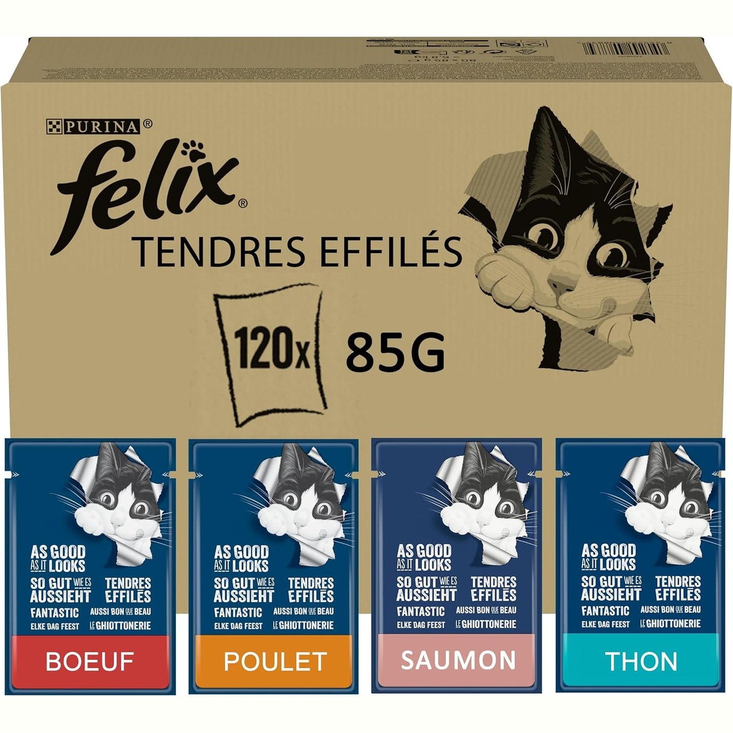 239546 - FELIX Tërheqëse Ushqim i plotë për mace të rritura, përzgjedhje e përzier: mish viçi, pulë, salmon, ton, në pelte, 44 x 85g