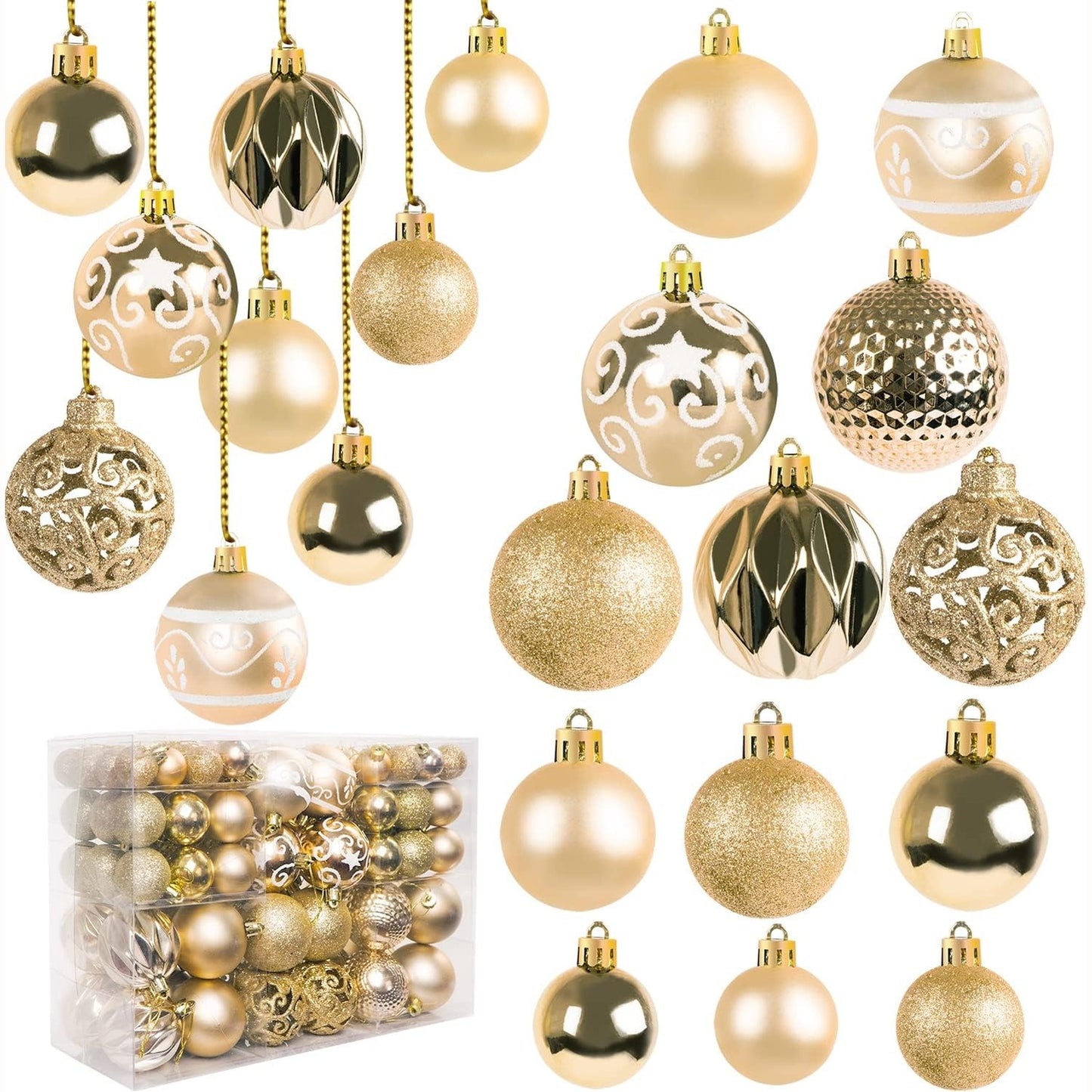 257357 - YWLAKE Set zbukurimesh me top Krishtlindjesh për pemën e Krishtlindjeve, Set dekorimesh me 100 pjesë, zbukurime të papërshkueshme nga thyeshmëria për festën e Vitit të Ri, dasmën, festat, dekorimin e Krishtlindjeve (shampanjë)