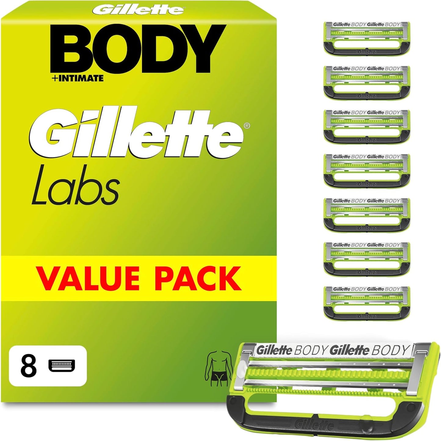 275228 - GILLETTE Brisqe rroje GilletteLabs për trup dhe zona intime, 8 tehe zëvendësuese, 2 tehe për mbrojtje kundër qimeve të rritura nën lëkurë