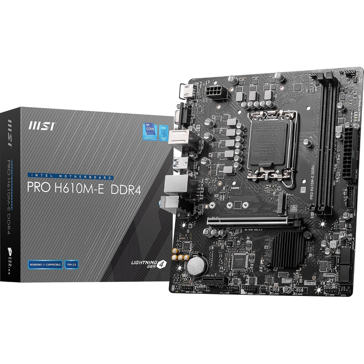 309677 - MSI PRO H610M-E DDR4 PLLAKË AMË, MICRO-ATX - PËR PROCESORË INTEL TË GJENERATËS SË 14-TË, 13-TË DHE 12-TË, LGA 1700 - DDR4 MEMORY BOOST 3200MHZ/MAX, PCIE 4.0 X16, M.2 GEN3