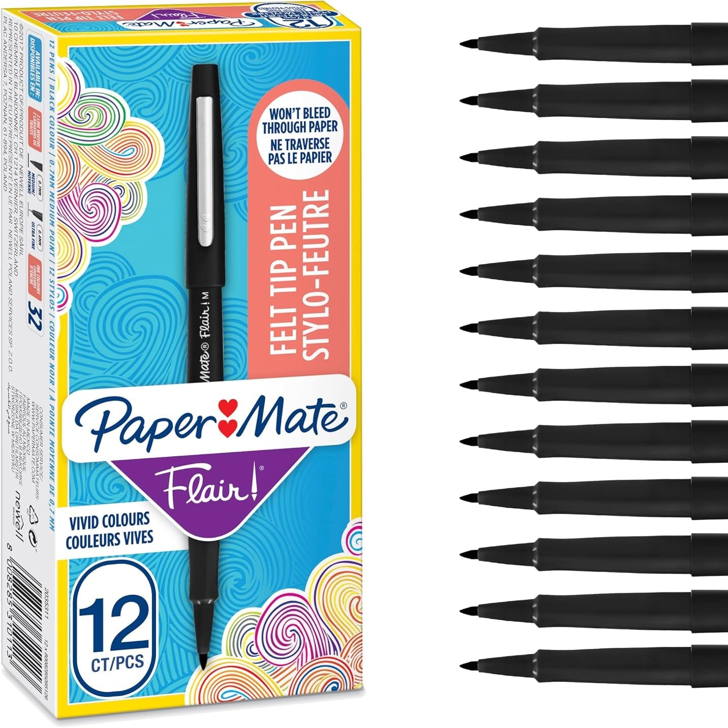 274104 - PAPER MATE Stilolapsa me majë feltri Flair, Shënues ngjyrosës kundër rrjedhjes (0.7 mm), Bojë e zezë, Kuti me 12 copë