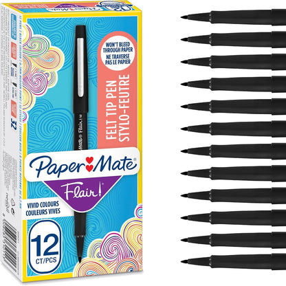 274104 - PAPER MATE Stilolapsa me majë feltri Flair, Shënues ngjyrosës kundër rrjedhjes (0.7 mm), Bojë e zezë, Kuti me 12 copë
