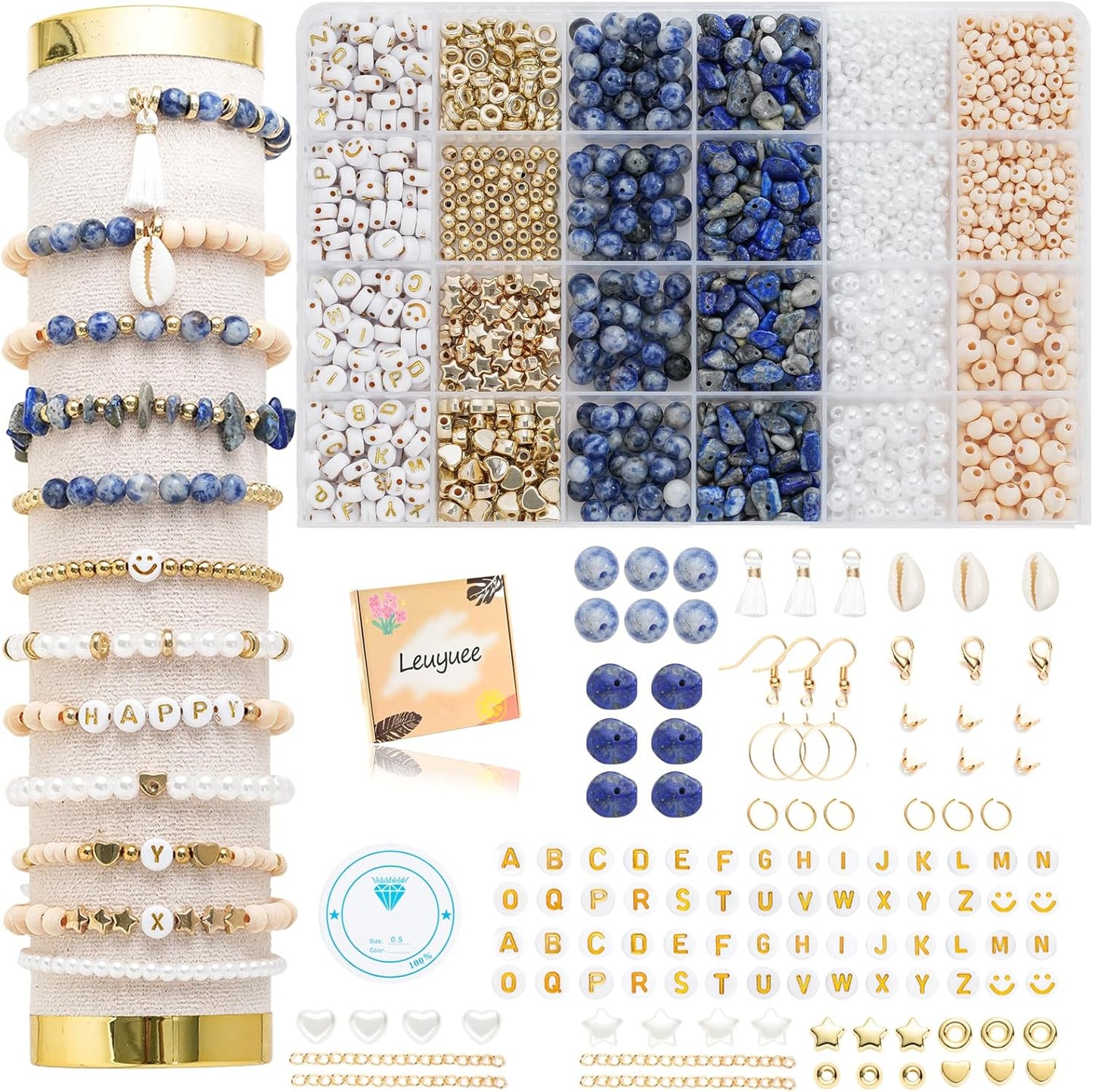 197054 - LEUYUEE - Set Rruazash Natyrale Amazonite, 1679 copë, Për Bizhuteri DIY, Gjerdanë, Vathë, Zinxhirë për Fëmijë dhe të Rritur, Ngjyrë: Bardhë e Zi
