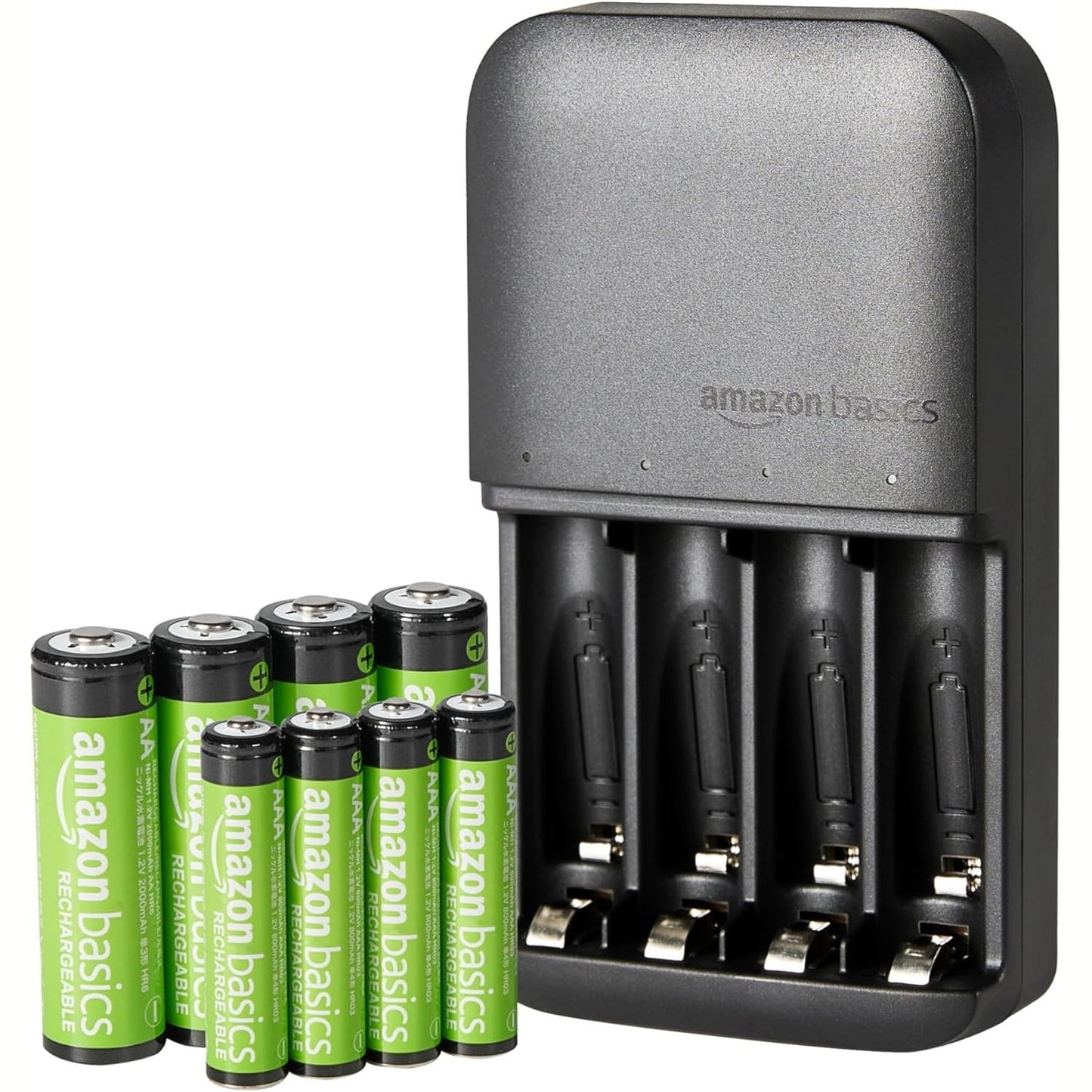 268655 - AMAZON BASICS Bateri të rikarikueshme NiMH (4 AAA 800mAh + 4 AA 2000mAh) me karikues 4 vende, prizë evropiane, pako 8 copë, e zezë