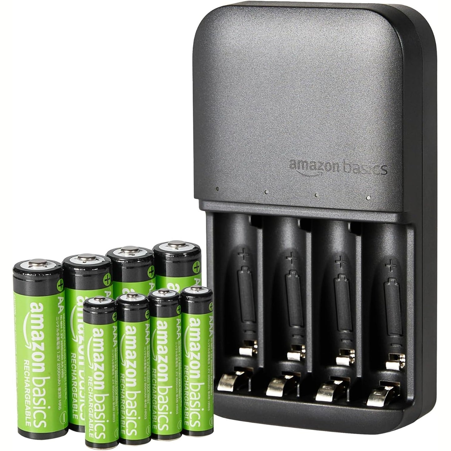 273644 - AMAZON BASICS Bateri të rikarikueshme NiMH (4 AAA 800mAh + 4 AA 2000mAh) me karikues me 4 vende, prizë evropiane, pako me 8 copë, e zezë