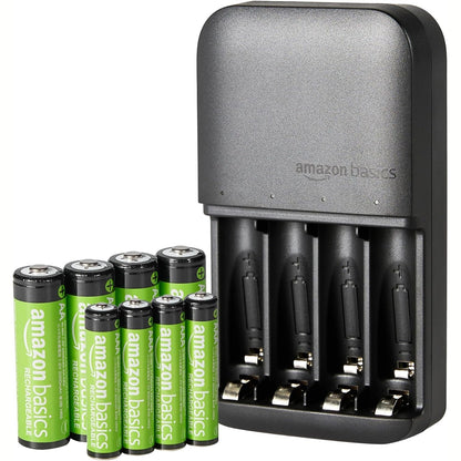 273644 - AMAZON BASICS Bateri të rikarikueshme NiMH (4 AAA 800mAh + 4 AA 2000mAh) me karikues me 4 vende, prizë evropiane, pako me 8 copë, e zezë