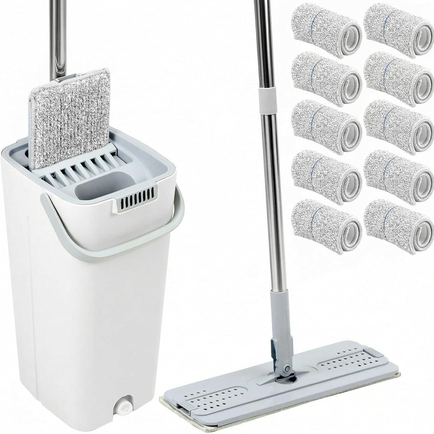 251579 - QWORK® SET PËR SHTRYDHJE ME MOP DHE KOVË, SISTEM PASRIMI ME DY DHOMA, ME 10 JASTËKË MIKROFIBRE DHE DOREZË 120 CM