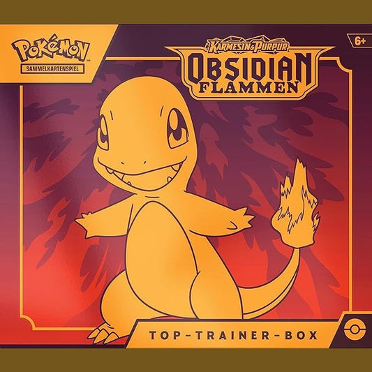 14586-Pokémon -Top Trainer Box Lojë me Letra Tregtare Crimson & Purple — Obsidian Flames (9 pako përforcuese, 1 kartë promovuese holografike me ekran të plotë dhe aksesorë premium) (versioni gjerman)