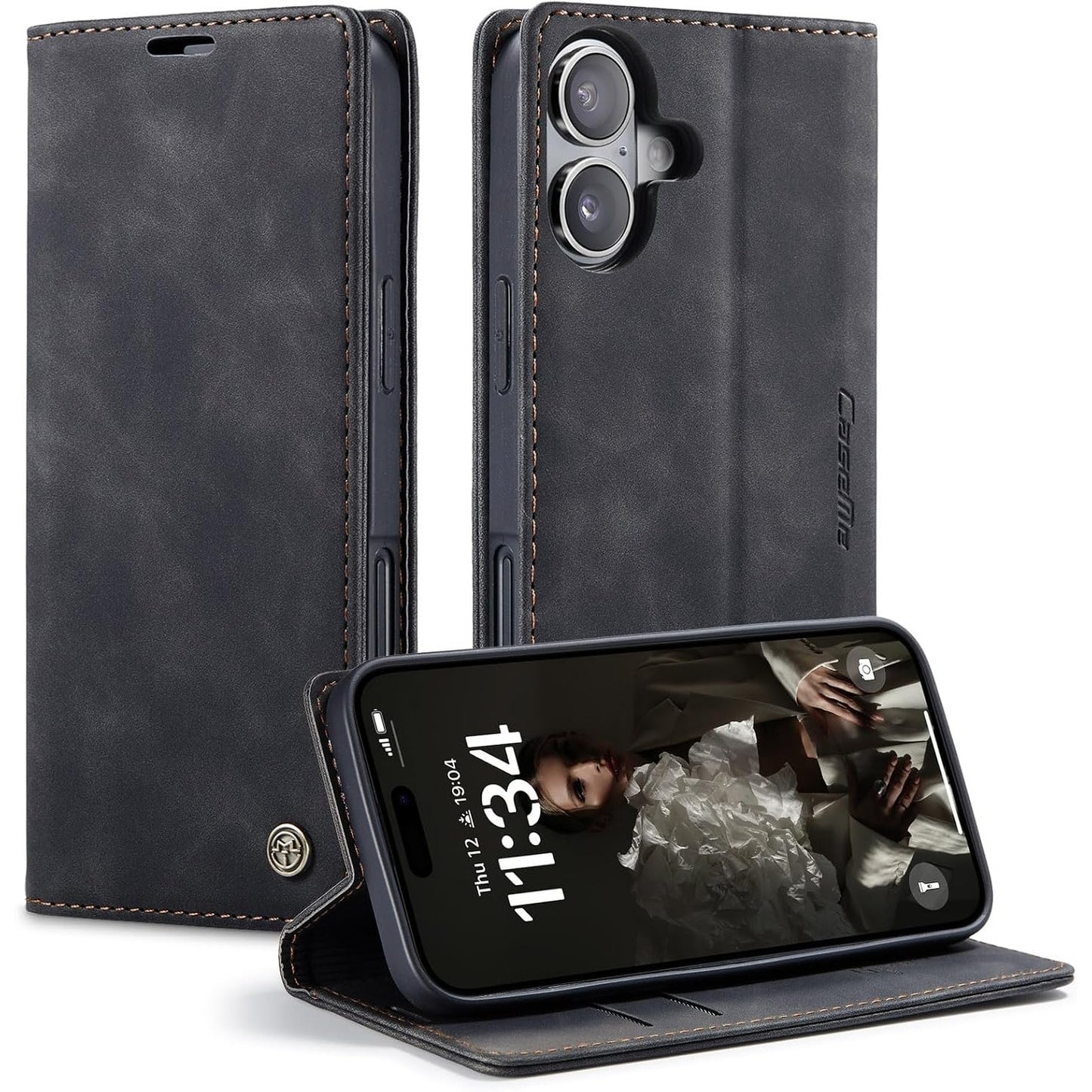 274495 - MONWEICZ Mbrojtëse Flip për iPhone 16, prej lëkure portofoli, mbulesë mbrojtëse premium me mbajtëse magnetike për karta, e zezë