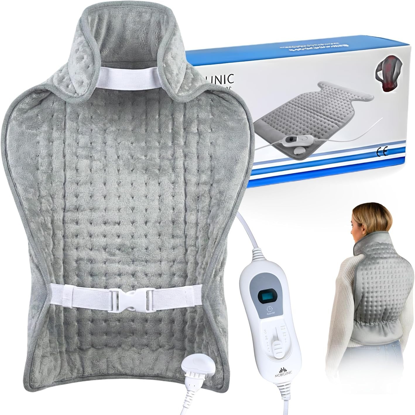 316467 - MOBICLINIC Jastëk i Ngrohshëm për Shpinën dhe Qafën, Konsum Shumë i Ulët Energjie, 62x43 cm, 3 Cilësime Ngrohjeje, Fikje Automatike, I Lahet, Mbështetje Lumbare dhe Qafë-Korrike, Gri
