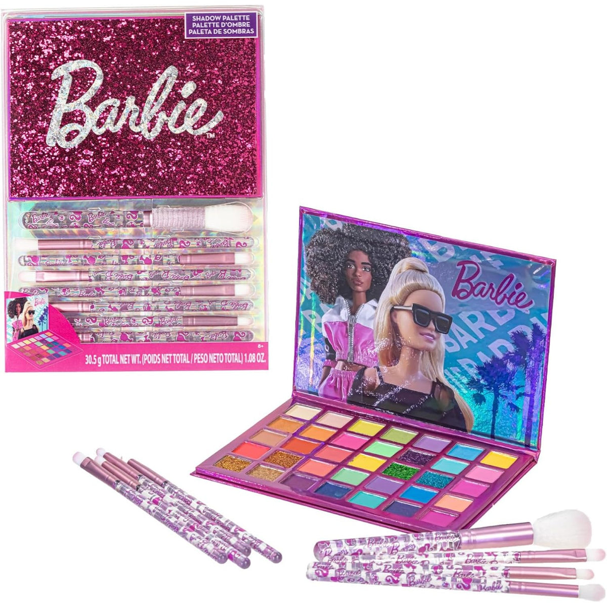 303925 - TOWNLEY GIRL Paletë hijesh sysh Barbie me 35 pjesë, me shkëlqim dhe të errët, 8 furça aplikuesi