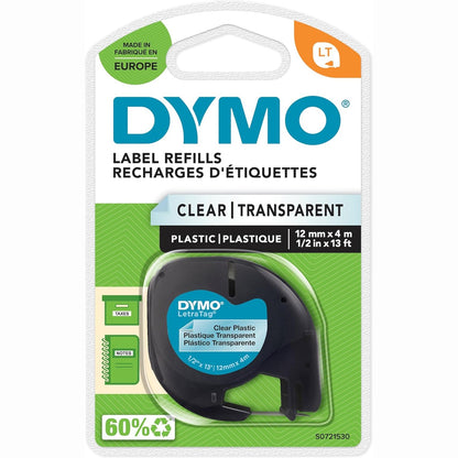 274526 - DYMO Etiketa plastike origjinale LetraTag | 12 mm x 4 m | E zezë në transparente | Etiketa vetëngjitëse