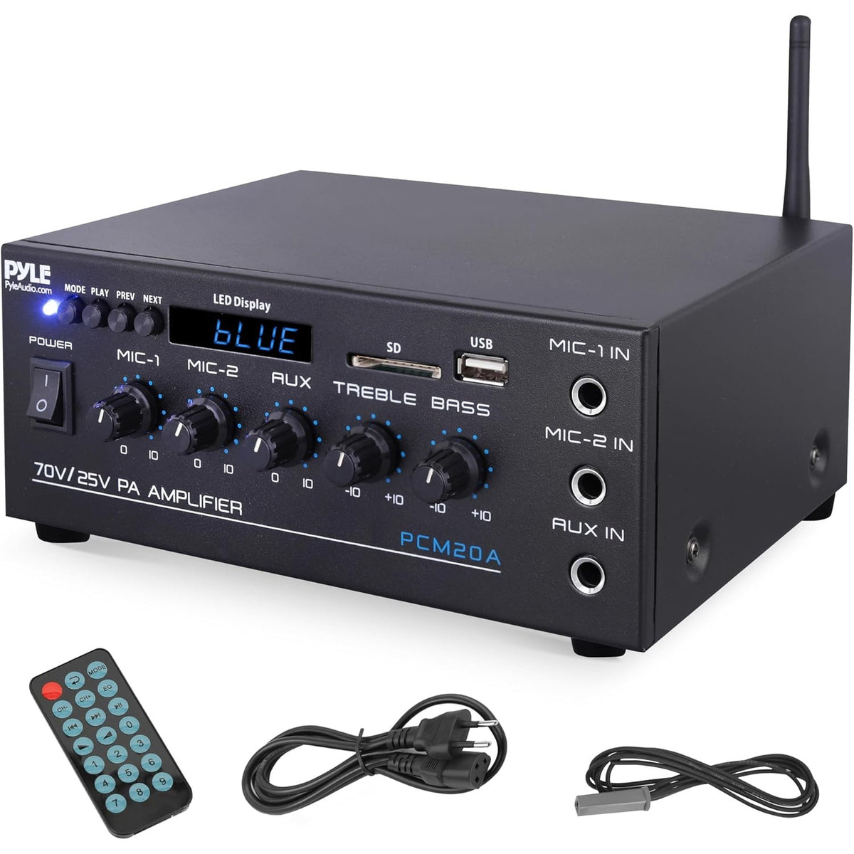 295539 - PYLA Amplifikator kompakt audio Bluetooth 40W, hyrje AUX, 2 hyrje mikrofoni me Talkover, dalje altoparlantësh 8 Ohm / 25V / 70V, kontrolle bas/treble