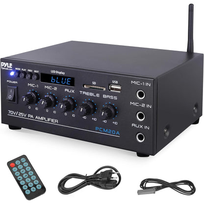 295539 - PYLA Amplifikator kompakt audio Bluetooth 40W, hyrje AUX, 2 hyrje mikrofoni me Talkover, dalje altoparlantësh 8 Ohm / 25V / 70V, kontrolle bas/treble