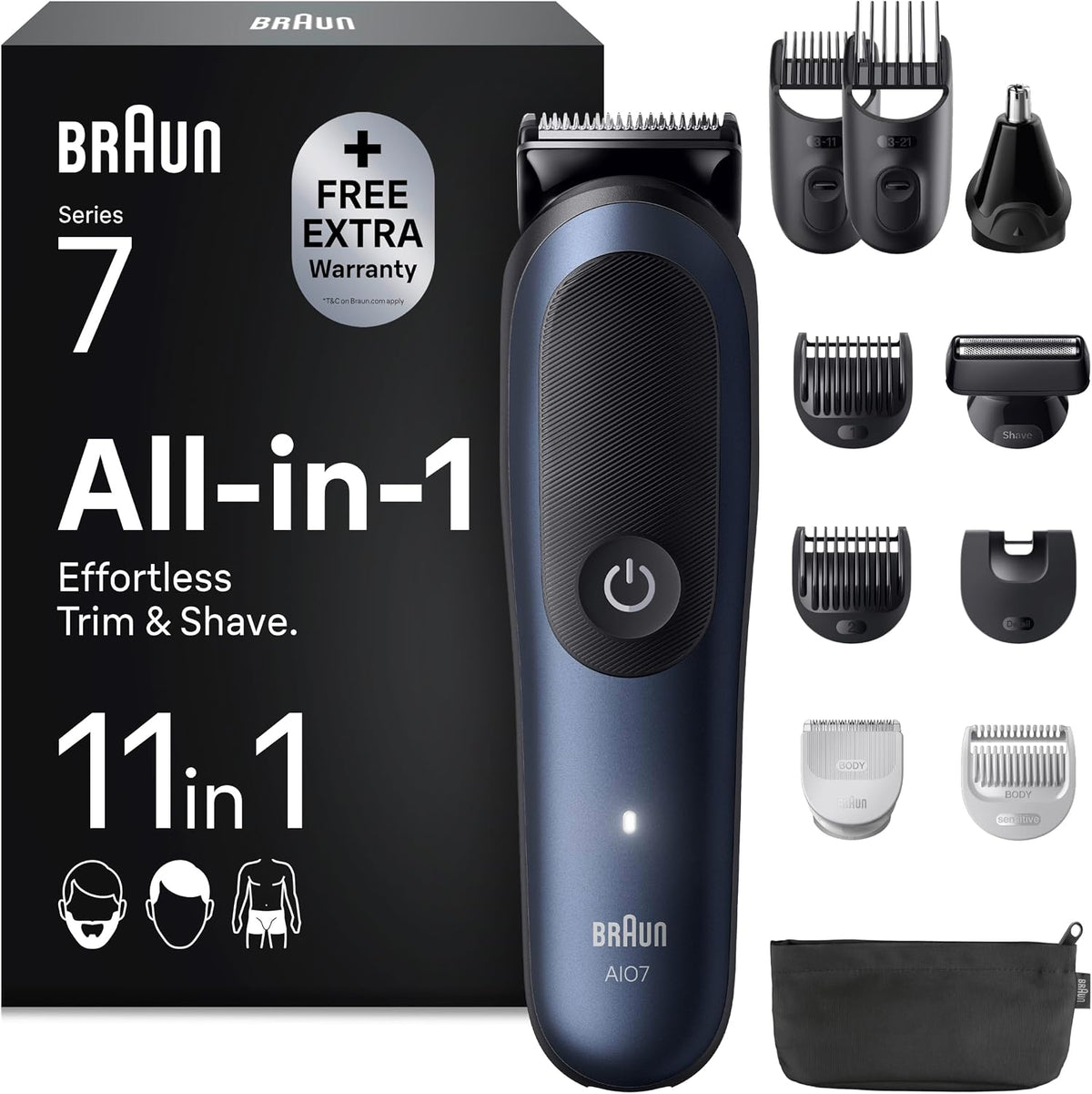 335932 - BRAUN Makinë Elektrike Kositëse Bari për Burra, Seria 7 AIO7540, 11 në 1, Blu, Rezistente ndaj ujit, Bateri e Rikarikueshme, Teh Ultra i Mprehtë ProBlade, Pa Tel, Kuti me 6 Talla