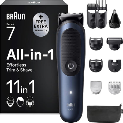 335932 - BRAUN Makinë Elektrike Kositëse Bari për Burra, Seria 7 AIO7540, 11 në 1, Blu, Rezistente ndaj ujit, Bateri e Rikarikueshme, Teh Ultra i Mprehtë ProBlade, Pa Tel, Kuti me 6 Talla